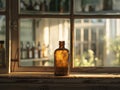 Vintage glass bottle on old wooden windowsill