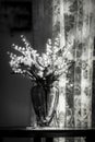 A Mood Drenched Photo of Lace and Lilys of the Valley in a Vase