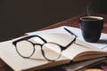 vintage glasses,on books stack in public library book, Studying examining. Tutor books with friends. Young students campus helps Royalty Free Stock Photo