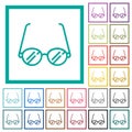 Vintage glasses outline flat color icons with quadrant frames