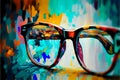 Vintage glasses on a painted colored abstract background illustration acryl painting. AI generated