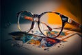 Vintage glasses on a painted colored abstract background illustration acryl painting. AI generated