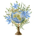 Vintage Globe With Blue Flowers. Hand Drawn Watercolor Illustration With Retro Model Of Earth And Wild Plants On White