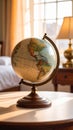 Vintage Globe on Table Illuminated by Warm Sunlight Near Bed and Lamp Royalty Free Stock Photo