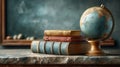 Vintage globe on wooden table next to old leather-bound books in classroom setting Royalty Free Stock Photo