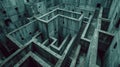 Vintage gloomy maze with old concrete walls, grey grungy surreal building, dark endless labyrinth. Concept of puzzle, problem,