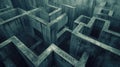 Vintage gloomy maze with old concrete walls, grungy dark endless labyrinth, grey surreal building. Concept of puzzle, problem,