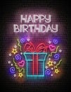 Vintage Glow Greeting Card with Gift, Confetti and Happy Birthday Inscription Royalty Free Stock Photo