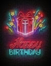 Vintage Glow Greeting Card with Gift, Confetti and Happy Birthday Inscription Royalty Free Stock Photo