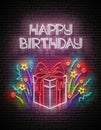 Vintage Glow Greeting Card with Gift, Confetti and Happy Birthday Inscription Royalty Free Stock Photo