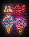 Vintage Glow Poster with Different Ice Cream in Waffle Cones and Inscription