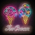 Vintage Glow Poster with Different Ice Cream in Waffle Cones and Inscription