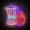 Vintage Glow Signboard with Geyser Coffee Maker Roasted on Fire Coffee Beans Royalty Free Stock Photo