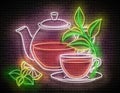 Vintage Glow Signboard with Glass Tea Pot, Cup and Branch of Plant