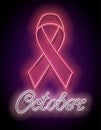 Vintage Glow Signboard with Pink Ribbon and Inscription. Breast Cancer Awareness Month