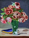 Vintage gobelin needlepoint rose bouquet in vase