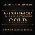 Vintage gold alphabet font. Ornate metal effect letters and numbers.