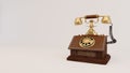 Vintage gold analog telephone and wood box with leather isolated on grey background.