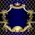 Vintage gold banner with a crown on dark blue baroque background