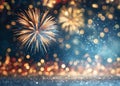 Vintage gold and blue Fireworks and bokeh in New Year eve and copy space Royalty Free Stock Photo