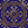 Vintage gold calligraphic lines 3d vector seamless pattern. Blue ornamental background. Repeat abstract backdrop