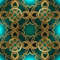 Vintage gold floral 3d vector seamless pattern. Glowing colorful turquoise background. Repeat shiny arabesque backdrop