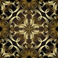 Vintage Gold Floral Line Art Tracery 3d Damask Seamless Pattern. Textured Elegance Lace Background. Golden Beautiful Hand Drawn