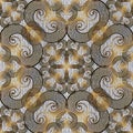 Vintage Gold Floral Line Art Tracery 3d Damask Seamless Pattern. Textured Waffle Silver Background. Golden Hand Drawn Flowers,