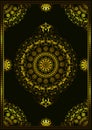 Gold frame with borders and corners of patterns calligraphic swirling lines with flowers, twigs and leaves and oval ornament in th