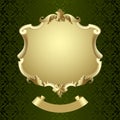 Vintage gold framed shield with banner on dark green baroque ornamental background Royalty Free Stock Photo