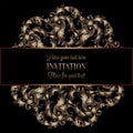 Vintage gold invitation or wedding card on black background, divider, header, ornamental lacy vector frame Royalty Free Stock Photo