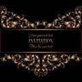 Vintage gold invitation or wedding card on black background, divider, header, ornamental lacy vector frame Royalty Free Stock Photo