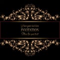 Vintage gold invitation or wedding card on black background, divider, header, ornamental lacy vector frame Royalty Free Stock Photo