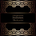 Vintage gold invitation or wedding card on black background, divider, header, ornamental square lacy vector frame Royalty Free Stock Photo