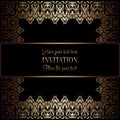 Vintage gold invitation or wedding card on black background, divider, header, ornamental square lacy vector frame Royalty Free Stock Photo