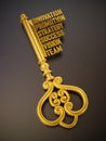 Vintage gold key with business and success related words. 3D illustration