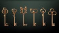 Vintage gold keys. Realistic isolated elements. House door opener, home room latchkeys with creative luxury metal, retro