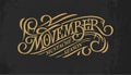 Vintage gold lettering Movember on dark chalkboard background. Retro typography for banner, ad, promo, print design.