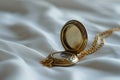 A vintage gold locket with an intricate design, open to reveal a cherished photo, lies delicately on soft white satin