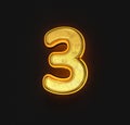 Vintage gold metal font with yellow outline and backlight - number 3 isolated on black background, 3D illustration of symbols Royalty Free Stock Photo