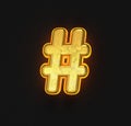 Vintage gold metal font with yellow outline and backlight - number sign isolated on black background, 3D illustration of symbols Royalty Free Stock Photo