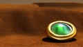 A vintage gold ring with a green stone lies on the brown ground in the fantasy world. The lost jewelry with patterns lies