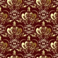 Vintage gold royal damask seamless pattern on the dark red vector background. Ornate wallpaper. Abstract gold crown. Floral hand Royalty Free Stock Photo