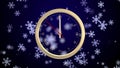 Animated gold clock. Snowflakes falling on a dark blue background. Last 20 seconds to 12 o`clock.