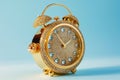 Vintage golden alarm clock with diamonds. Precious time concept. Luxury gold classic alarm clock on pastel background with space Royalty Free Stock Photo