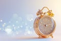 Vintage golden alarm clock with diamonds. Precious time concept. Luxury gold classic alarm clock on pastel background with space Royalty Free Stock Photo