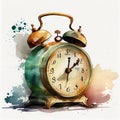 Vintage golden alarm clock watercolor. Retro clock time with watercolor splashes and stains.