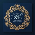 Vintage golden art frame. Leafy ornament. Vector template monogram initials. Royalty Free Stock Photo