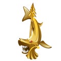 Vintage golden brooch in the form of toothy shark isolated on white background. Vector cartoon close-up illustration.
