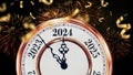 Vintage golden clock points to 2024 new year with confetti and fireworks. New Year card, concept. Christmas, creative idea